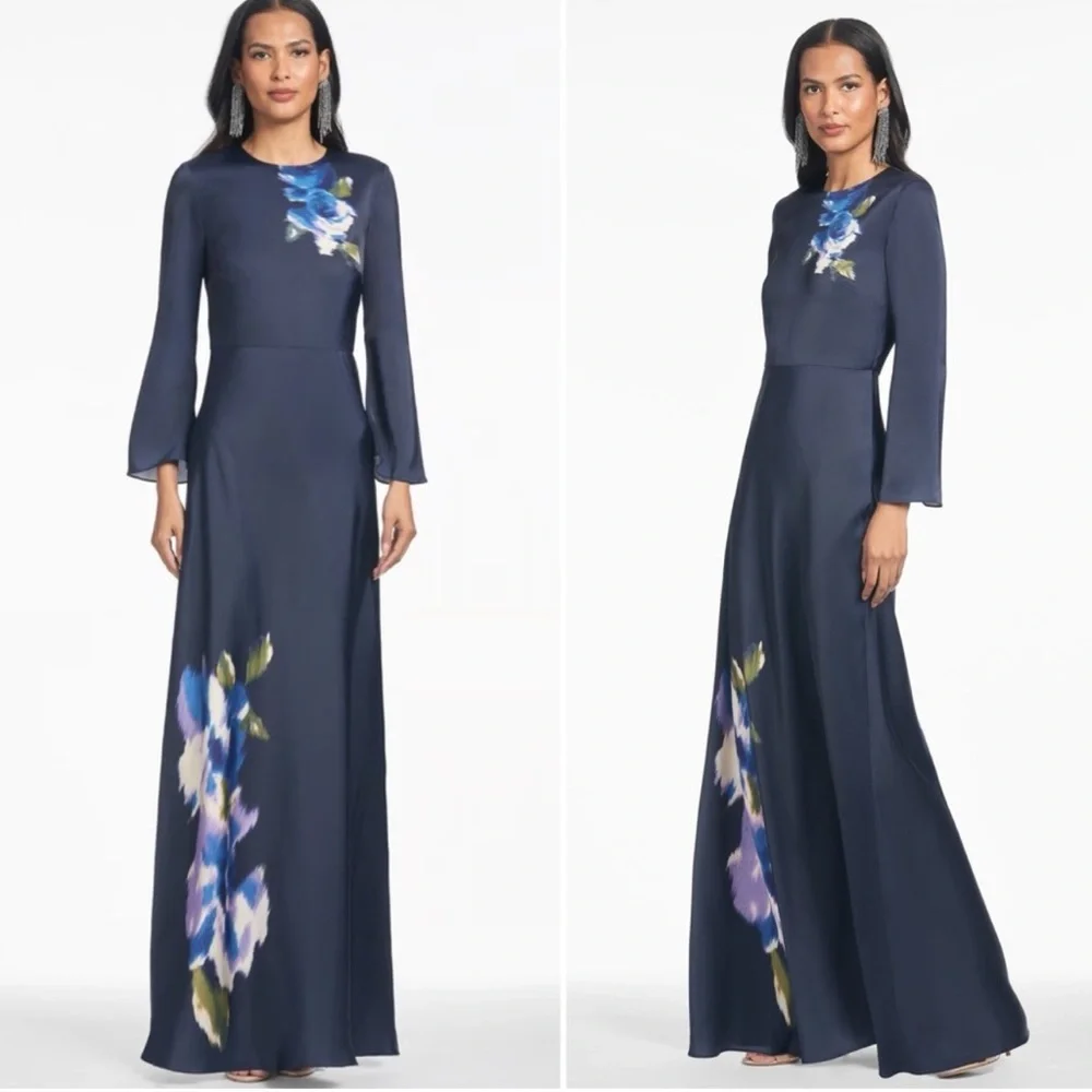 Sachin & Babi Alex Gown in Midnight Corsage Navy Blue Floral Satin Dress Size 14 - Picture 13 of 17